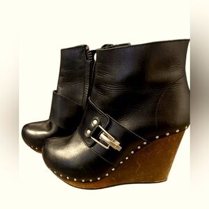 Chloe Black Leather Wedge Ankle Booties with Buckle
